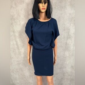 Even Blue Sheath Midi Dress with Ruched Dolman Sleeves
